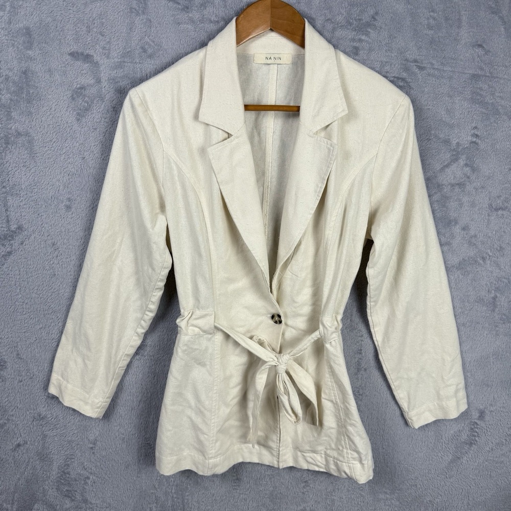 Na Nin Women's 100% Raw Silk Blazer Jacket Cream Ivory L/XL Belted Sustainable